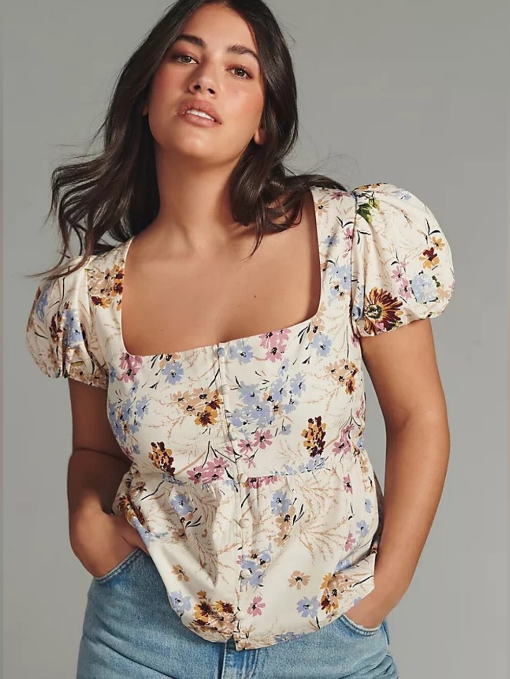 By Anthropologie Puff Sleeve Peplum Floral Smocked Button Front Blouse Sz M